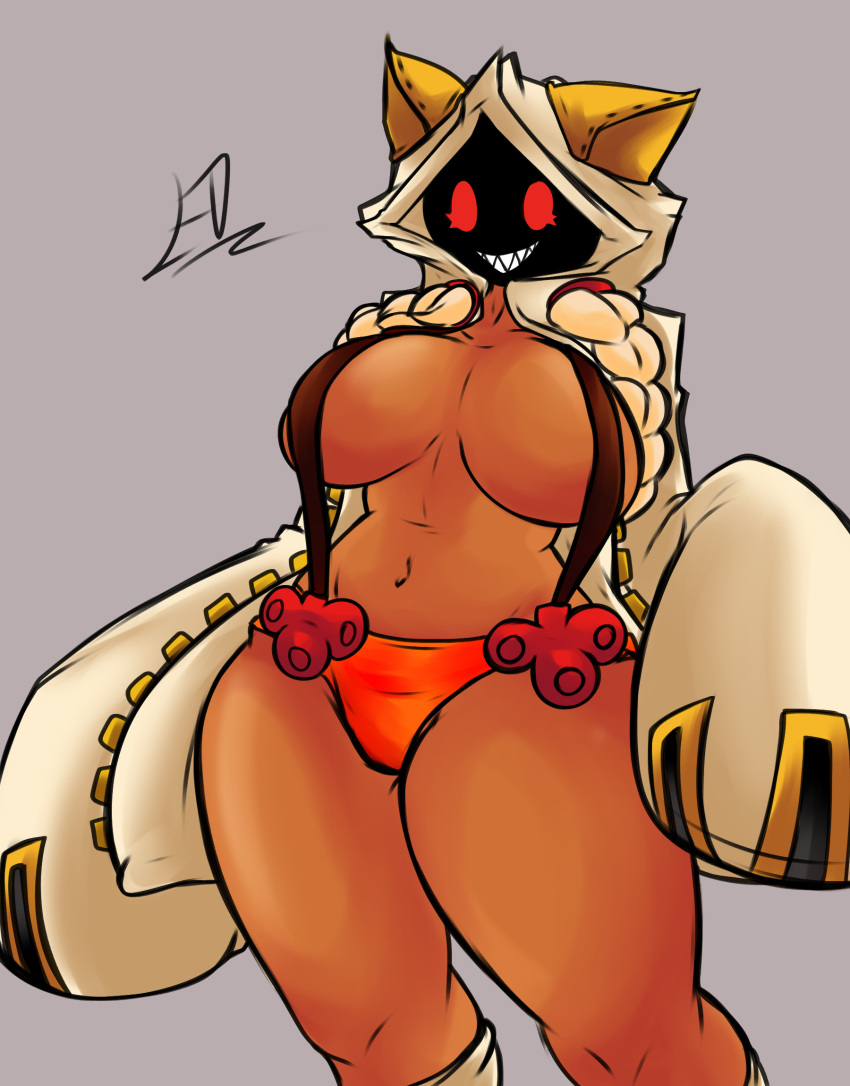 1girl arc_system_works big_breasts blazblue cat_ears catgirl dark-skinned_female dark_skin edworld fecharis feline hoodie kaka_(blazblue) mask masked masked_female red_eyes sharp_teeth taokaka