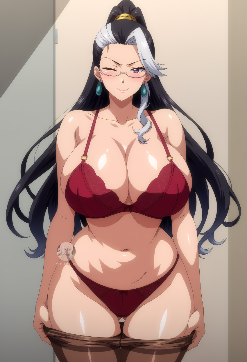 1girl arisato_yu big_breasts black_hair bubble_butt cleavage glasses horny inviting_to_sex looking_at_viewer pose purple_eyes seika_jogakuin_kounin_sao_ojisan standing sumeragi_rikka teasing thick_thighs undressing white_hair