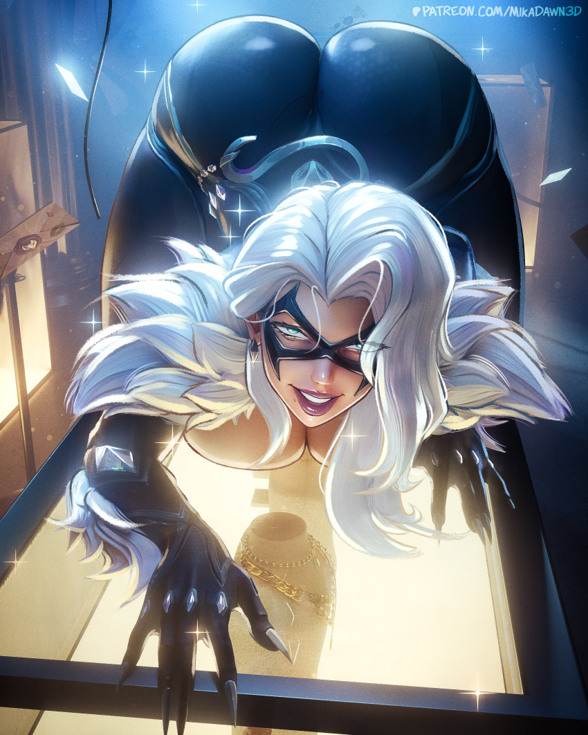 1girl bent_over big_breasts black_cat black_cat_(marvel) black_cat_(marvel_rivals) bubble_butt cleavage doggy_position felicia_hardy green_eyes horny inviting_to_sex looking_at_viewer marvel marvel_comics marvel_rivals mikadawn pose spider-man_(series) teasing thick_thighs white_hair