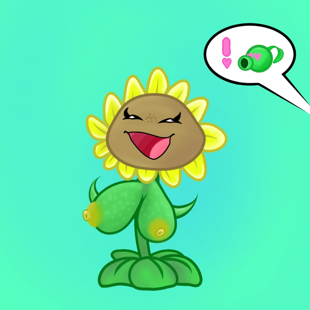 1girl big_breasts closed_eyes electronic_arts heart_eyes in_love male open_mouth peashooter_(pvz) plant plant_girl plants_vs_zombies plants_vs_zombies_2:_it's_about_time presenting_breasts pvz smile sunflower_(pvz) text_bubble yellow_flower yellow_nipples