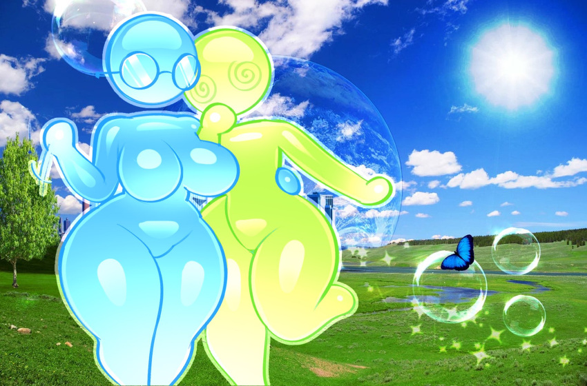 1girls androgynous big_breasts big_thighs blue_female breasts featureless_breasts frutiger_aero glasses glasses_only green_female microsoft puppysnackz spiral_eyes thick_thighs