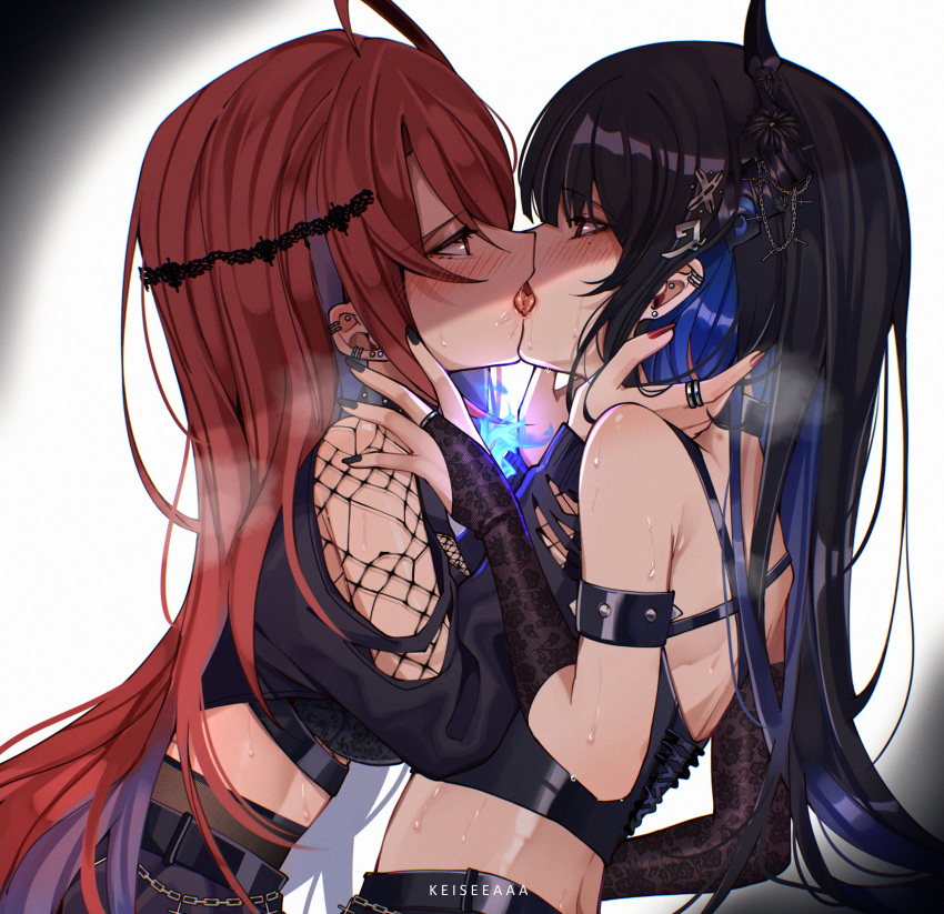 2_girls absurd_res ahoge asymmetrical_horns big_breasts black_hair black_nails breasts colored_inner_hair demon_horns elizabeth_rose_bloodflame fishnets french_kiss goth_fashion high_res hololive hololive_english horns huge_ahoge keisea kiss_focus kissing lace lace_sleeves long_hair mole mole_under_eye multicolored_hair multiple_girls nerissa_ravencroft red_eyes saliva tongue tongue_out upper_body very_long_hair virtual_youtuber yuri