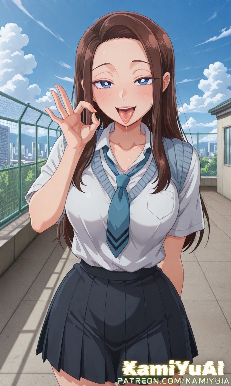 ai_generated amane_kei bare_thighs big_breasts big_breasts blue_eyes brown_hair fellatio_gesture grin gyaru huge_breasts huge_thighs light-skinned_female light_skin long_hair looking_at_viewer otaku_ni_yasashii_gal_wa_inai!? saliva school_uniform schoolgirl solo_female squatting sweat sweatdrop thick_body thick_female thick_thighs thighs tongue_out voluptuous voluptuous_female