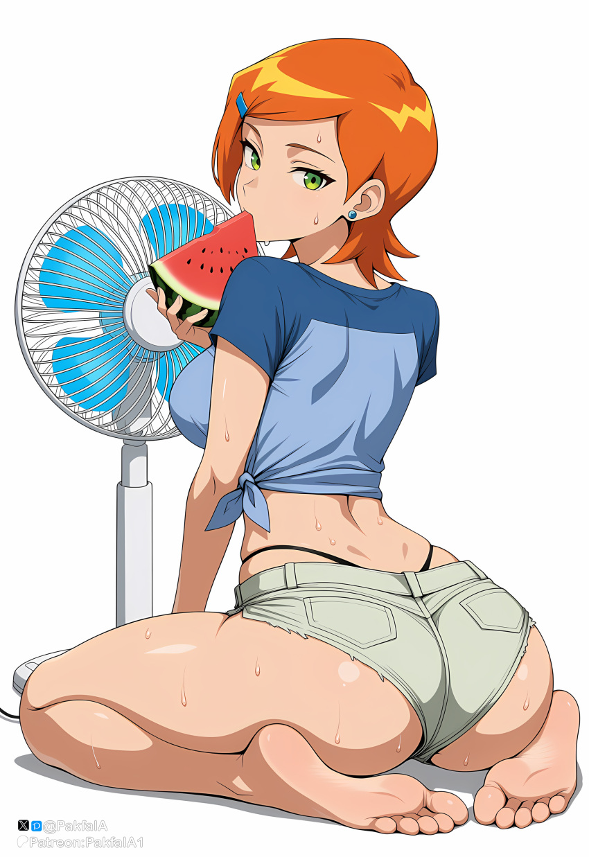 ai_generated back_view backboob bare_thighs barefoot ben_10 big_ass big_breasts brat cartoon_network fat_ass green_eyes gwen_tennyson huge_breasts huge_thighs light-skinned_female light_skin looking_back orange_hair pakfaia short_hair short_shorts solo_female squatting sweat sweatdrop t-shirt thick_body thick_female thick_thighs thighs voluptuous voluptuous_female