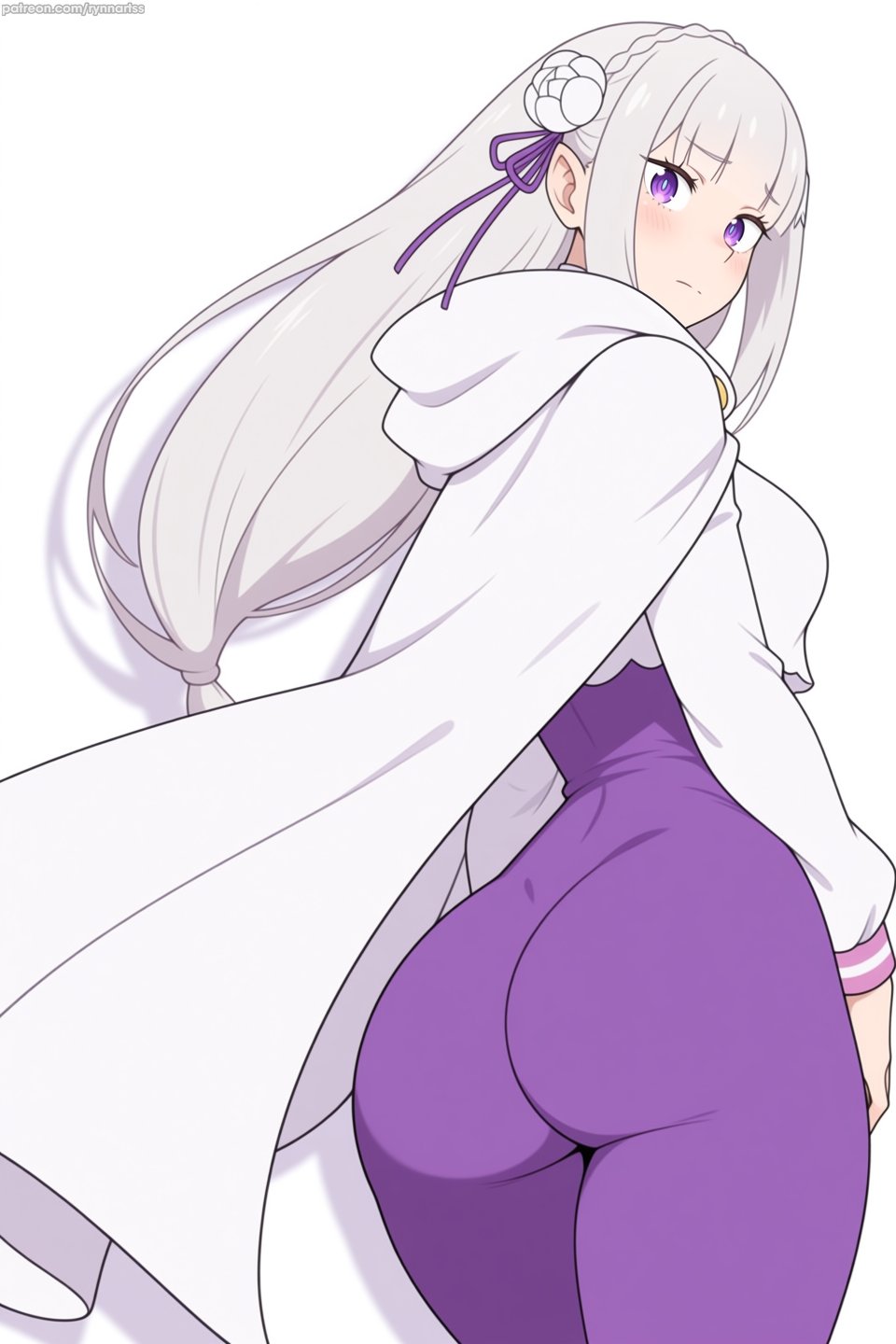 ai_generated bare_thighs big_ass big_breasts elf elf_ears elf_female emilia_(re:zero) fat_ass gigantic_ass huge_breasts huge_thighs light-skinned_female light_skin long_hair looking_back massive_ass purple_eyes re:zero_kara_hajimeru_isekai_seikatsu solo_female thick_body thick_female thick_thighs thighs voluptuous voluptuous_female white_hair