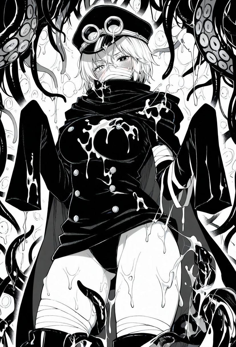 ai_generated bare_thighs big_breasts bukkake cum cum_on_body cum_on_breasts cum_on_face cum_on_hair cum_on_hat cum_on_thighs cum_on_upper_body excessive_cum gunko_(one_piece) heterochromia huge_breasts huge_thighs looking_at_viewer masked_female military_hat monochrome monochrome_ai one_piece panties short_hair shuri_(one_piece) solo_female tentacle thick_body thick_female thick_thighs thighs voluptuous voluptuous_female