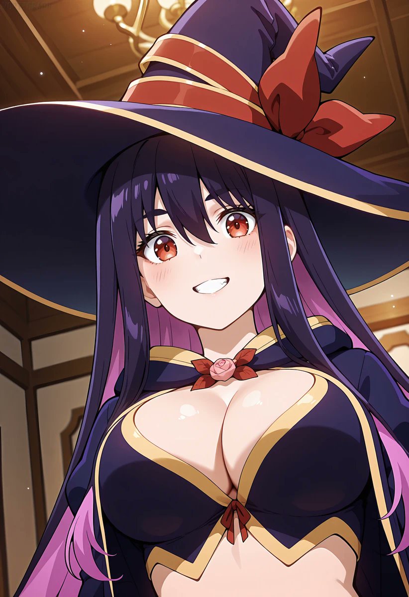 ai_generated big_breasts big_breasts grin huge_breasts idola_avorn light-skinned_female light_skin long_hair looking_at_viewer multicolored_hair purple_hair red_eyes sentai_red_ga_isekai_de_boukensha_ni_naru solo_female thick_body thick_female voluptuous voluptuous_female witch_hat yihdra_arvoln