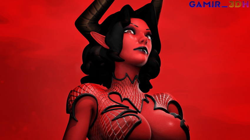 annoyed_expression big_breasts black_hair black_lips black_lipstick colored_skin covered_nipples demon_girl demon_horns elf_ears gamir_sfm horns long_ears looking_at_viewer looking_down makeup open_clothes paladins paladins_champions_of_the_realm parted_bangs pointy_ears red_background red_skin sidelocks turtleneck upper_body
