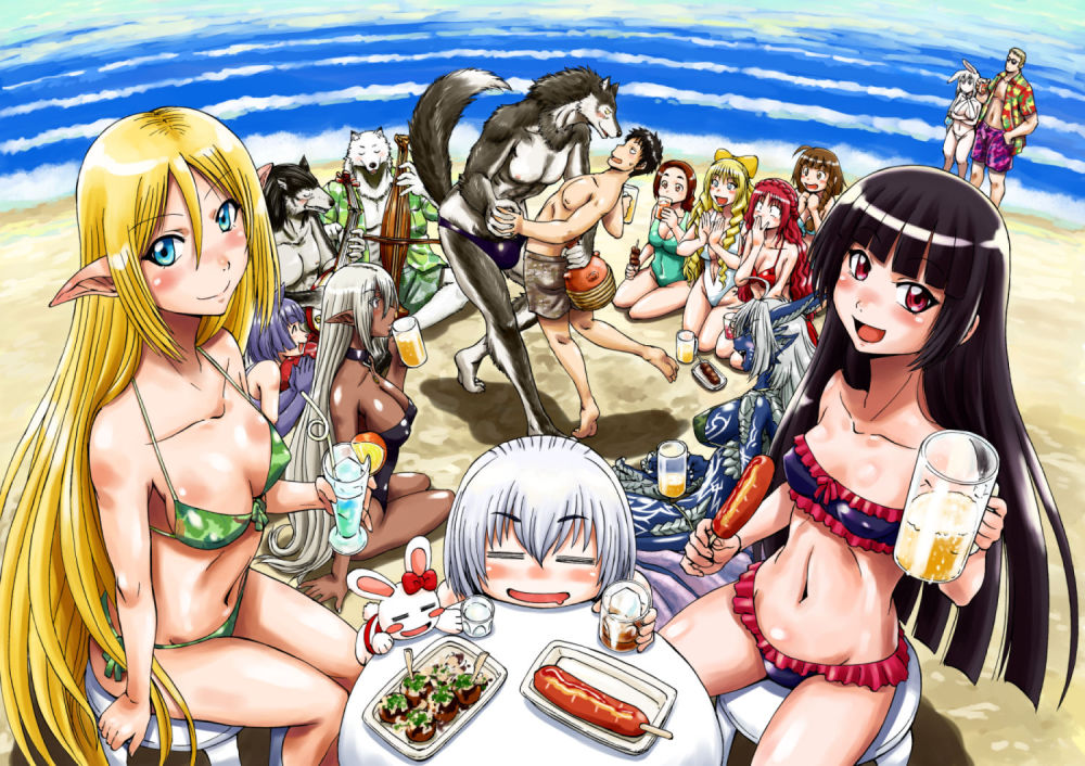 anthro anthro_male arpeggio_el_lalena artist_self-insert beach beer beer_mug big_breasts bikini bozes_co_palesti breasts dark_elf demigoddess dragon_girl drunk elf elf_female food gate_-_jieitai_ka_no_chi_nite_kaku_tatakaeri hamilton_uno_ror itami_yoji itami_youji lelei_la_lalena looking_at_viewer ocean persia_(gate) pina_co_lada_(gate) rory_mercury sao_satoru swimsuit tuka_luna_marceau tyuule wolf_(gate) yao_ha_ducy yao_haa_dushi yoji_itami zorzal_el_caesar