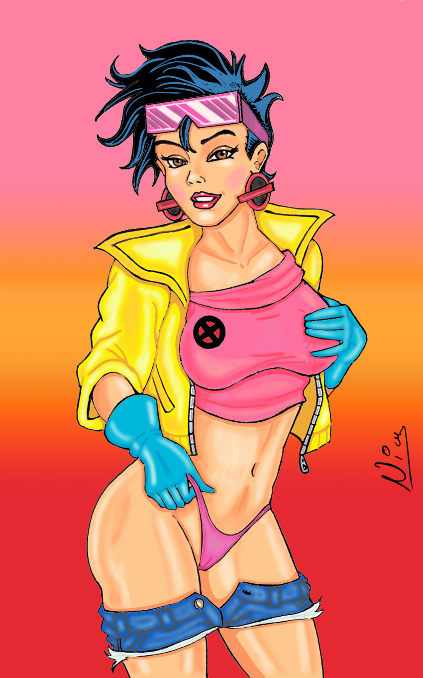 asian asian_female big_breasts black_hair breasts bronxboy79 brown_eyes denim_shorts earrings gloves grabbing_own_breast jacket jubilation_lee jubilee looking_at_viewer marvel panties shorts shorts_down sunglasses sunglasses_on_head tank_top x-men x_symbol