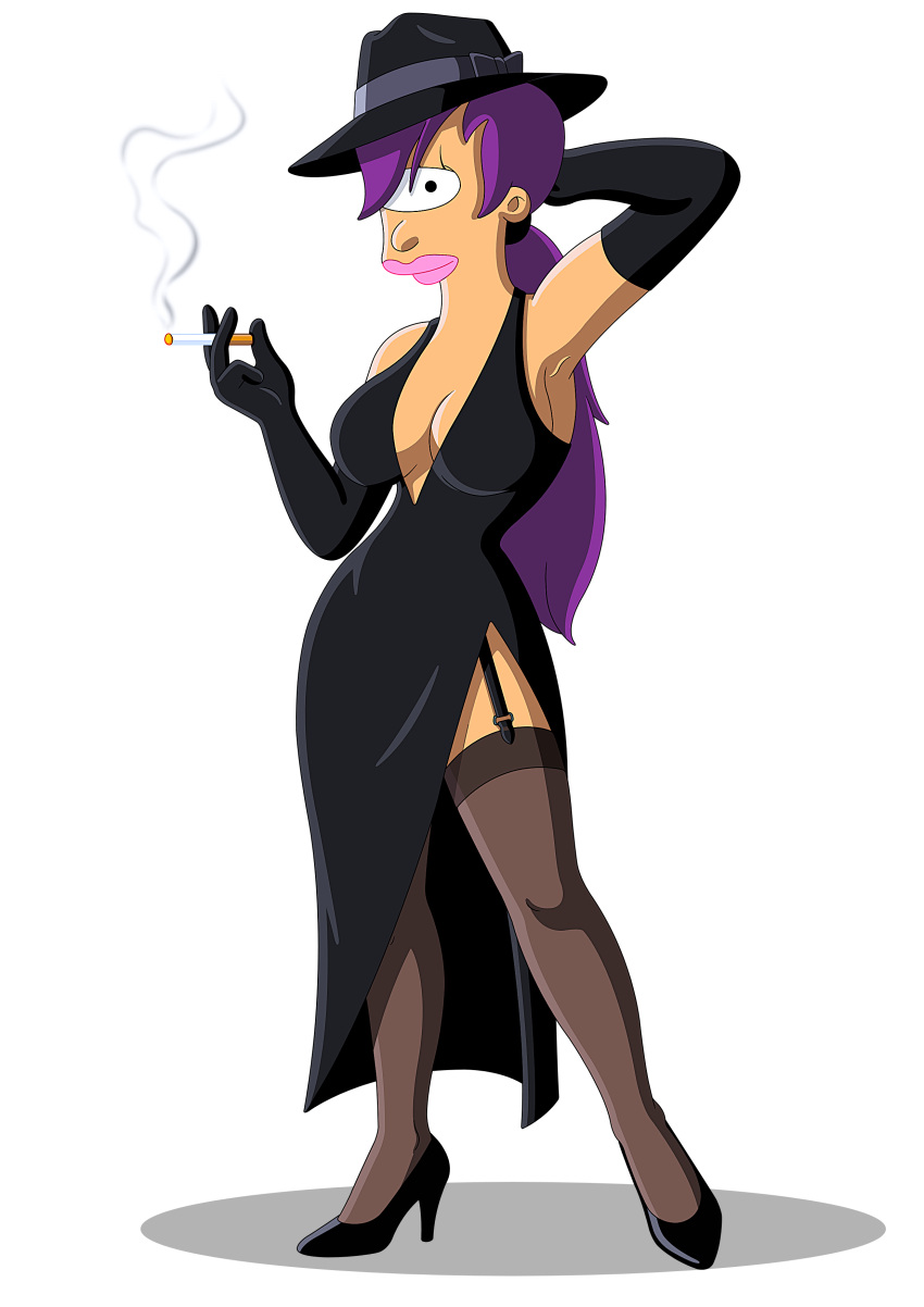 big_breasts cigarette dress futurama gloves hat looking_at_viewer stockings thighs turanga_leela