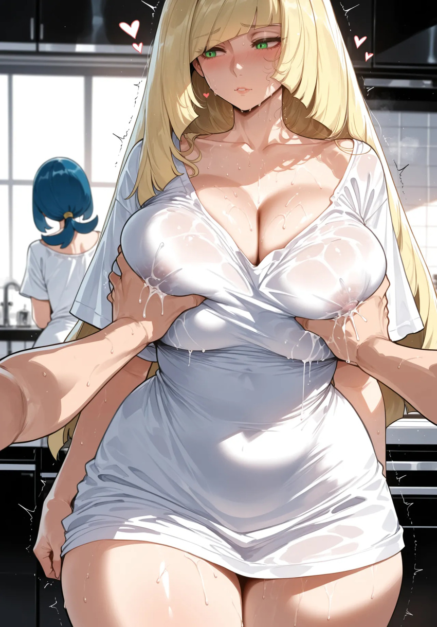 1boy1girl 1girl 2_girls ai_generated blonde_hair blue_hair breast_grab curvy curvy_female curvy_figure lana's_mother long_hair mature_female milf pokemon pokemon_sm ponytail