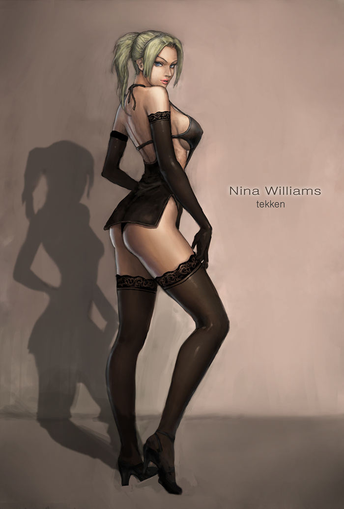 1girl 1girl 1girls ass bandai_namco bare_back bare_shoulders big_breasts black_dress black_legwear blonde_hair blue_eyes breasts character_name copyright_name dress elbow_gloves female_only fighting_game gloves high_heels human lace lace-trimmed_thighhighs legs legwear lingerie lips lipstick long_hair long_legs makeup namco namco_bandai neongun nina_williams nose nylons panties ponytail shadow shoes sideboob skin stockings stockings tan tekken tekken_2 tekken_4 tekken_5 tekken_tag_tournament thong tied_hair title_drop underwear video_game_character video_game_franchise video_games