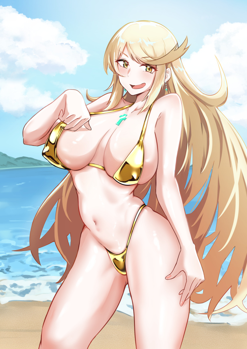 1girl 1girl bikini blonde_hair cloud commentary_request covered_erect_nipples gold_bikini high_res long_hair mythra_(xenoblade) navel open_mouth standing swimsuit timosan xenoblade_(series) yellow_eyes