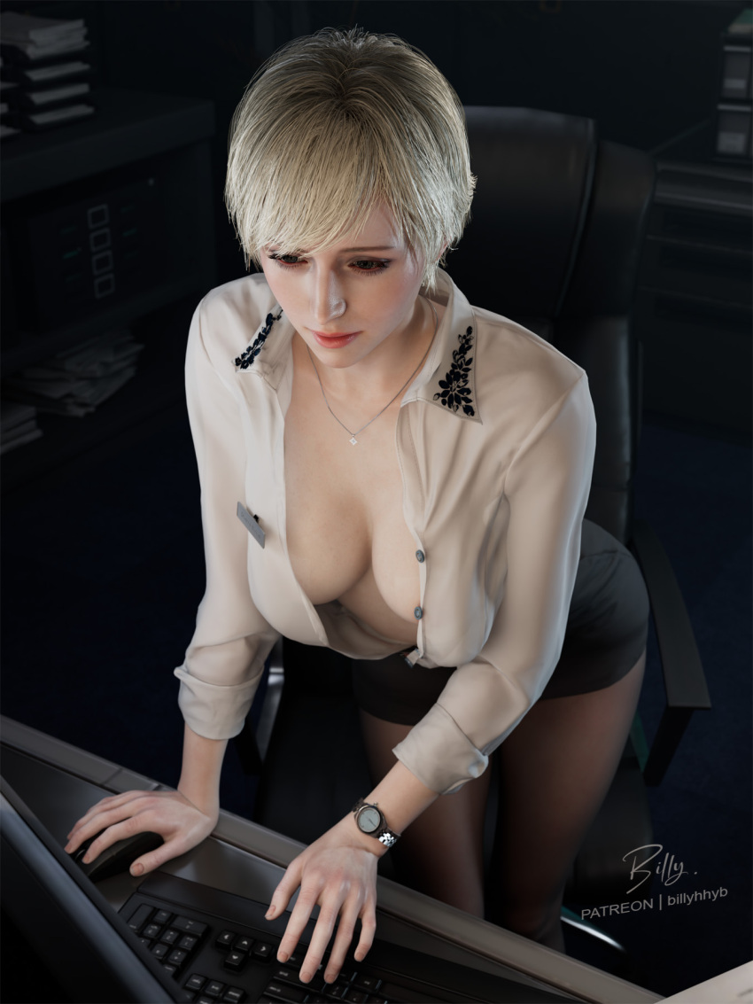 1girl 3d 3d_model 3d_render billyhhyb biohazard_4 blonde_female blonde_hair braless capcom cleavage cleavage_cutout cleavage_focus hourglass_figure hourglass_figured_female leaning_forward medium_breasts medium_hair milf necklace no_bra pantyhose post-timeskip resident_evil resident_evil_9 resident_evil_9:_requiem resident_evil_requiem sherry_birkin sherry_birkin_(bridgette_haze) short_hair skirt slim_waist stockings tight_clothing tight_fit twitter unbuttoned unbuttoned_shirt unbuttoned_topwear watch wide_hips