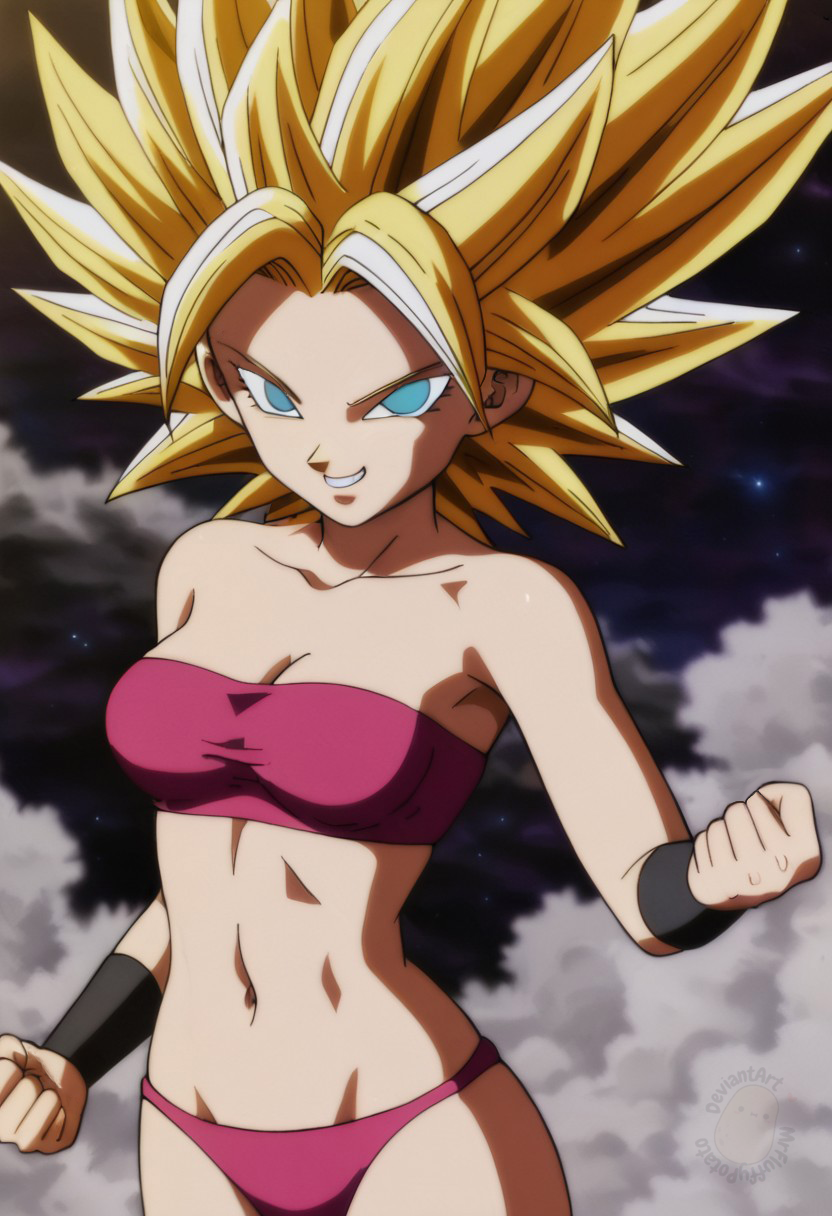 1girl adapted_costume arm_at_side bangs bare_arms bare_shoulders black_background blonde_female blonde_hair blue_eyes bra breasts caulifla cleavage clenched_hands cloud collarbone dragon_ball dragon_ball_super female_only female_solo grin hair_up hand_up lingerie long_hair looking_at_viewer medium_breasts midriff mrfluffypotato naughty_face navel neck panties parted_bangs parted_lips pink_bra pink_lingerie pink_panties pink_tubetop pink_underwear saiyan saiyan_girl small_breasts smile spiky_hair strapless strapless_bra super_saiyan super_saiyan_2 toei_animation tubetop underwear