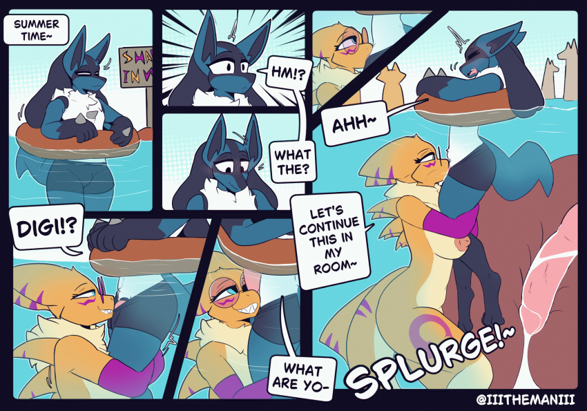 1boy 1girl 2026 animated_comic anthro aquatic bandai_namco barefoot blue_body blush bodily_fluids bottomwear breasts closed_eyes clothing comic cum day digi_(yourdigimongirl) digimon digimon_(species) duo_focus english_text exclamation_point eyewear eyewear_only feet fellatio female fish flotation_device fur generation_4_pokemon genital_fluids genitals gif glasses glasses_only green_eyes group high_res hybrid lucario nintendo nipples nude oral outside partially_submerged penile penis pokemon pokemon_(species) question_mark renamon sex shark sharp_teeth short_playtime shorts silhouette smile speech_bubble teeth text the_man underwater underwater_sex water wearing_glasses white_body white_fur yellow_body