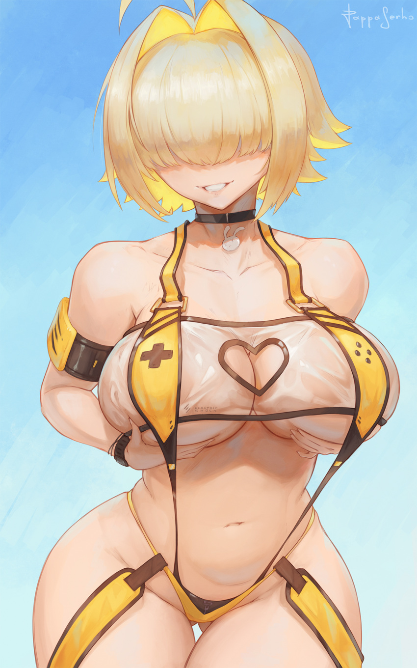 1girl 1girl ahoge artist_name ass_visible_through_thighs big_breasts bikini black_choker blonde_hair blue_background breasts choker cleavage clothing_cutout commentary cowboy_shot elegg_(boom_and_shock)_(nikke) elegg_(nikke) english_commentary facing_viewer game_controller_print goddess_of_victory:_nikke grabbing_own_breast hair_intakes hair_over_eyes heart_cutout high_res navel official_alternate_costume pappaserho parted_lips plump rabbit_choker see-through_bikini see-through_clothes short_hair signature simple_background slingshot_swimsuit smile stomach swimsuit teeth thigh_gap thighs yellow_slingshot_swimsuit