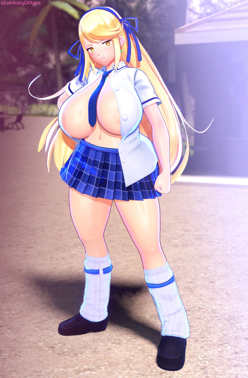 1girl 3d adorasexy areola beach belly belly_button big_breasts blender blonde blondie bombshell breasts cosplay crossover crossover_cosplay curvy cute cutie dummy_thicc female hips justafunguy23 katsuragi_(senran_kagura) katsuragi_(senran_kagura)_(cosplay) large_boobs luminaryofages miniskirt mythra mythra_(xenoblade) navel open_shirt pawg seaside senran_kagura sexy shoes skirt socks solo thicc thick_thighs thighs thunder_thighs tie top_heavy unamused voluptuous wide_hips xenoblade_(series) xenoblade_chronicles_2