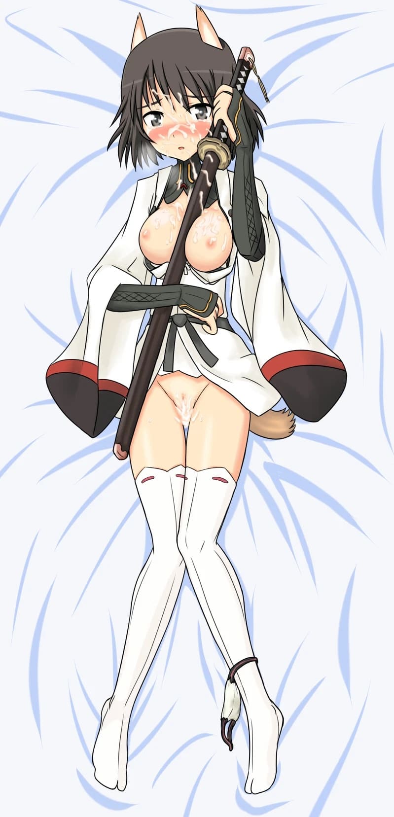 1girl ai-generated ai_generated blush breasts brown_hair clothing cum cum_in_pussy cum_on_face facial female_focus gray_eyes katana katou_takeko looking_at_viewer medium_breasts nipples open_clothes seki_(artist) stockings strike_witches sword tail world_witches_series younger_female