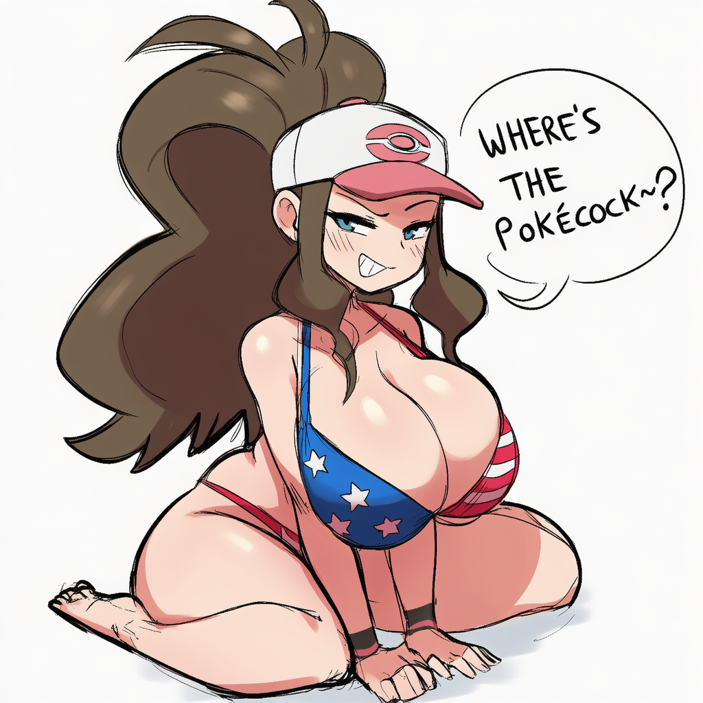 1girl ai_generated american_flag_bikini asking_for_sex ass bangs bikini blue_eyes breasts brown_hair cap cleavage cold_shrike curvy flag_bikini flag_print game_freak hat hilda_(pokemon) human human_only long_hair looking_at_viewer nintendo novelai on_knees pokemon ponytail simple_background smile smirk smug sole_female solo_female talking talking_to_viewer text text_bubble thick_thighs thighs white_background wristband