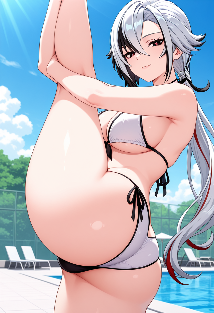 1girl ai_generated arlecchino_(genshin_impact) big_breasts bikini black_bikini_bottom black_eyes black_hair breasts cleavage female_only genshin_impact hands_on_leg hands_on_own_leg leg_lift long_hair low_ponytail multicolored_bikini multicolored_hair outdoor_pool outside pool poolside red_hair red_pupils seductive_eyes seductive_look seductive_smile smile solo_female vegaforge white_bikini_top white_hair x-shaped_pupils