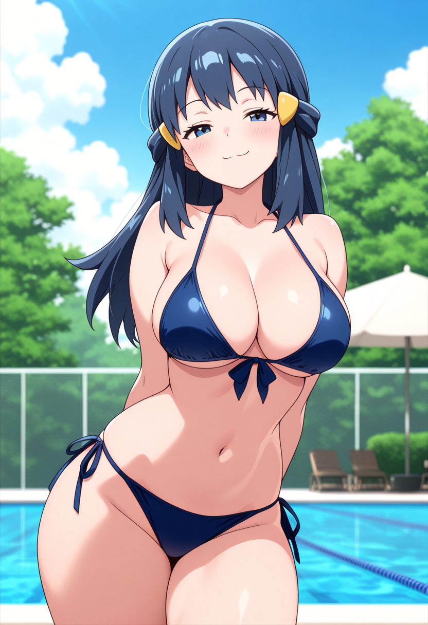1girl ai_generated arms_behind_back big_breasts bikini blue_bikini blue_eyes blue_hair blush breasts cleavage dawn_(pokemon) female_only hair_accessory hair_ornament long_hair nintendo outdoor_pool outside pokemon pool poolside smile solo_female vegaforge