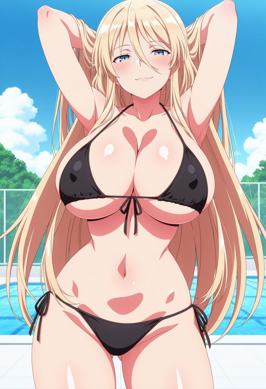 1girl ai_generated arms_behind_head azur_lane big_breasts bikini bismarck_(azur_lane) black_bikini blonde_hair blue_eyes blush breasts cleavage female_only long_hair outdoor_pool outside pool poolside smile solo_female vegaforge
