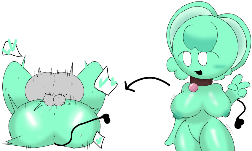 1girl ass balls black_tail blush breasts collar heart male male/female mating_press mint_fur mint_hair moch_(sprunki) mochimochz mouse_ears mouse_girl mouth_open nipples sex simple_background simple_eyes sprunki sprunki_oc wet white_background