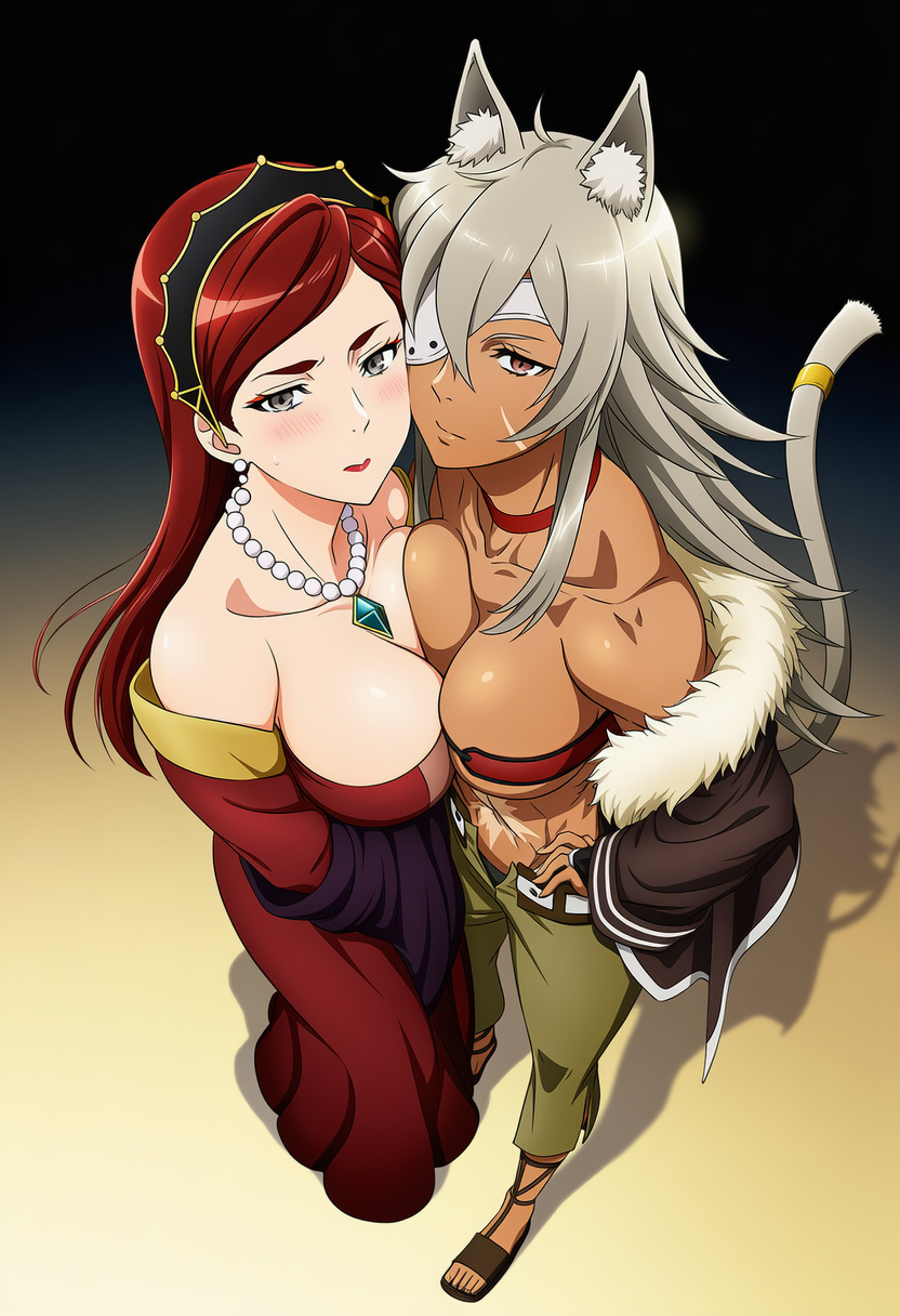2_girls ahoge animal_ears bangs bare_shoulders big_breasts black_jacket blush breast_press breasts cat_ears cat_girl cat_tail cheek-to-cheek choker cleavage closed_mouth collarbone couple dark-skinned_female dark_skin dress duo earrings emiaitelier emiaitelier_(artist) expressionless eyepatch female/female female_only from_above full_body fur-trimmed_jacket fur_trim ghislaine_dedoldia green_pants grey_eyes grey_hair hair_between_eyes hand_on_hip hilda_boreas_greyrat interracial interracial_couple interracial_yuri jacket jewelry lips lipstick long_dress long_hair long_sleeves looking_at_viewer looking_up love makeup multiple_girls mushoku_tensei mushoku_tensei:_isekai_ittara_honki_dasu mutual_yuri neck necklace off-shoulder_dress off_shoulder pants pearl pearl_necklace red_choker red_dress red_eyes red_hair red_lipstick romantic romantic_couple sandals scar serious shadow sidelocks standing straight_hair strapless strapless_dress sweat sweatdrop swept_bangs symmetrical_docking tail yuri