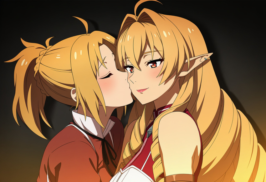 2_girls ahoge bangs bare_shoulders big_breasts blonde_female blonde_hair blush breasts cheek_kiss closed_eyes closed_mouth couple drill_hair drill_sidelocks duo earrings elf elinalise_dragonroad emiaitelier emiaitelier_(artist) eyebrows_visible_through_hair female/female female_only hair_between_eyes hair_intakes half-closed_eyes jewelry kissing kissing_cheek lips lipstick long_hair looking_at_another love makeup multiple_girls mushoku_tensei mushoku_tensei:_isekai_ittara_honki_dasu mutual_yuri neck orange_hair parted_bangs pink_lipstick pointy_ears ponytail red_eyes romantic romantic_couple short_hair sidelocks sleeveless smile tied_hair upper_body very_long_hair yuri zenith_greyrat