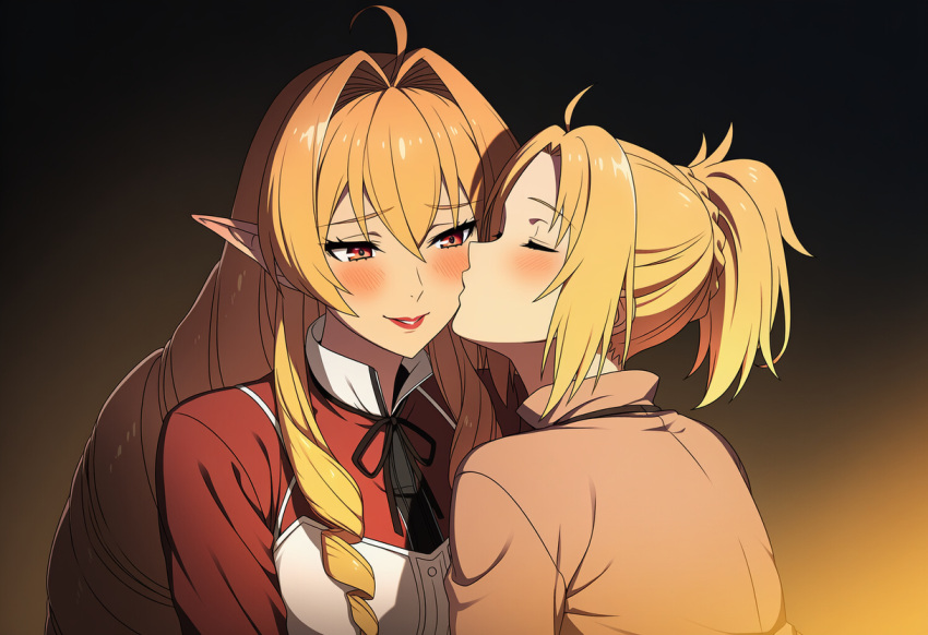 2_girls ahoge bangs big_breasts blonde_female blonde_hair blush breasts cheek_kiss closed_eyes couple drill_hair drill_sidelocks duo elf elinalise_dragonroad emiaitelier emiaitelier_(artist) eyebrows_visible_through_hair female/female female_only grin hair_between_eyes hair_intakes half-closed_eyes kissing kissing_cheek lips lipstick long_hair looking_at_another love makeup multiple_girls mushoku_tensei mushoku_tensei:_isekai_ittara_honki_dasu mutual_yuri neck orange_hair parted_bangs parted_lips pointy_ears ponytail red_eyes red_lipstick romantic romantic_couple short_hair sidelocks smile tied_hair upper_body very_long_hair yuri zenith_greyrat