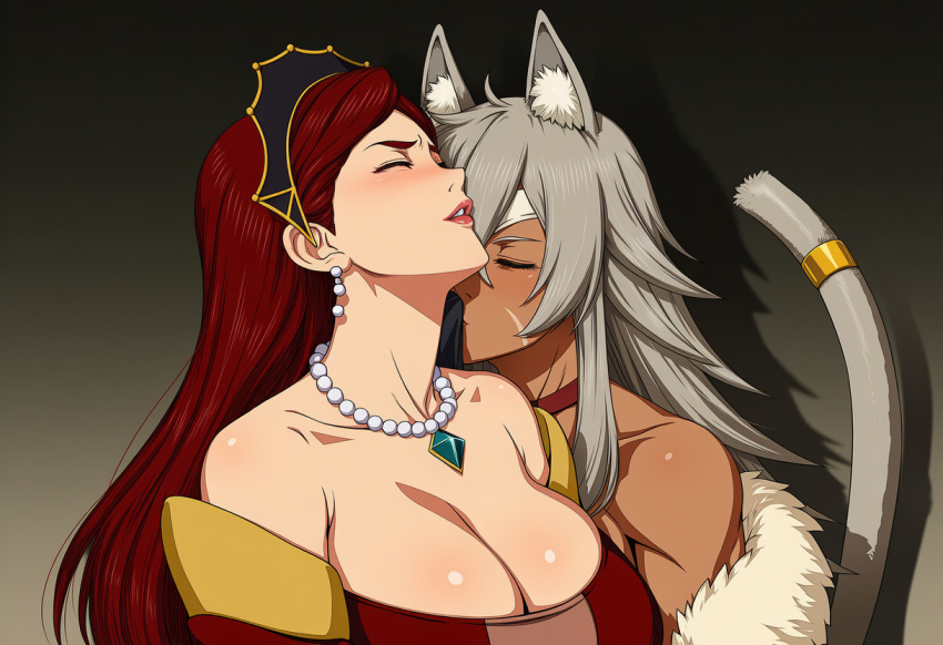 2_girls animal_ears bangs bare_shoulders big_breasts blush breasts cat_ears cat_girl cat_tail choker cleavage closed_eyes collarbone couple dark-skinned_female dark_skin dress duo earrings emiaitelier emiaitelier_(artist) eyepatch female/female female_only fur-trimmed_jacket fur_trim ghislaine_dedoldia gradient gradient_background grey_background grey_hair grin hair_between_eyes head_back hilda_boreas_greyrat interracial interracial_couple interracial_yuri jacket jewelry lips lipstick long_hair long_sleeves love makeup multiple_girls mushoku_tensei mushoku_tensei:_isekai_ittara_honki_dasu mutual_yuri neck necklace off-shoulder_dress off_shoulder parted_lips pearl pearl_necklace pink_lipstick red_choker red_dress red_hair red_lipstick romantic romantic_couple scar shadow sidelocks smile sniffing straight_hair strapless strapless_dress swept_bangs tail upper_body yuri