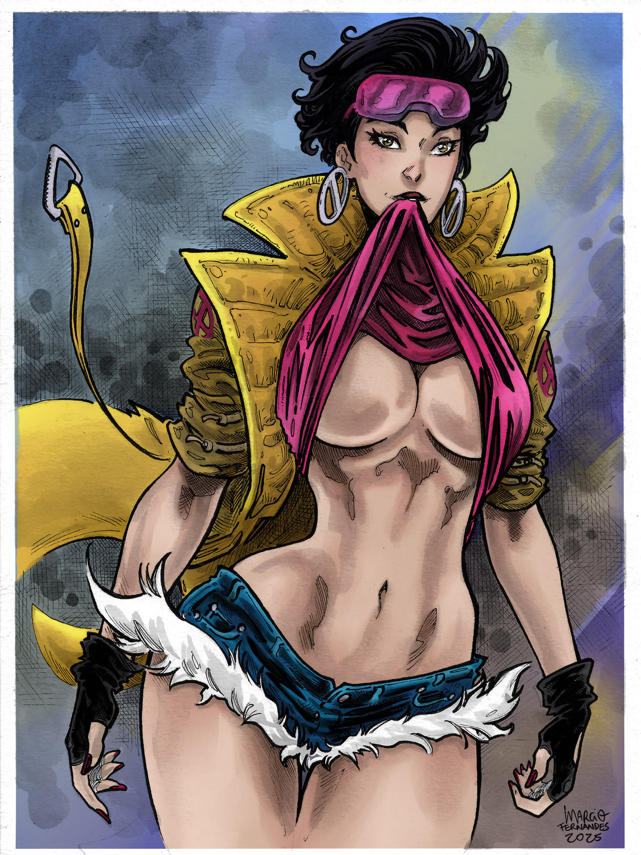artist_name artist_signature asian asian_female big_breasts black_hair breasts brown_eyes color_edit colored denim_shorts earrings fingerless_gloves gloves jacket jubilation_lee jubilee marcio_fernandes marvel shirt shirt_lift shirt_pull shirt_up shorts sunglasses sunglasses_on_head x-men
