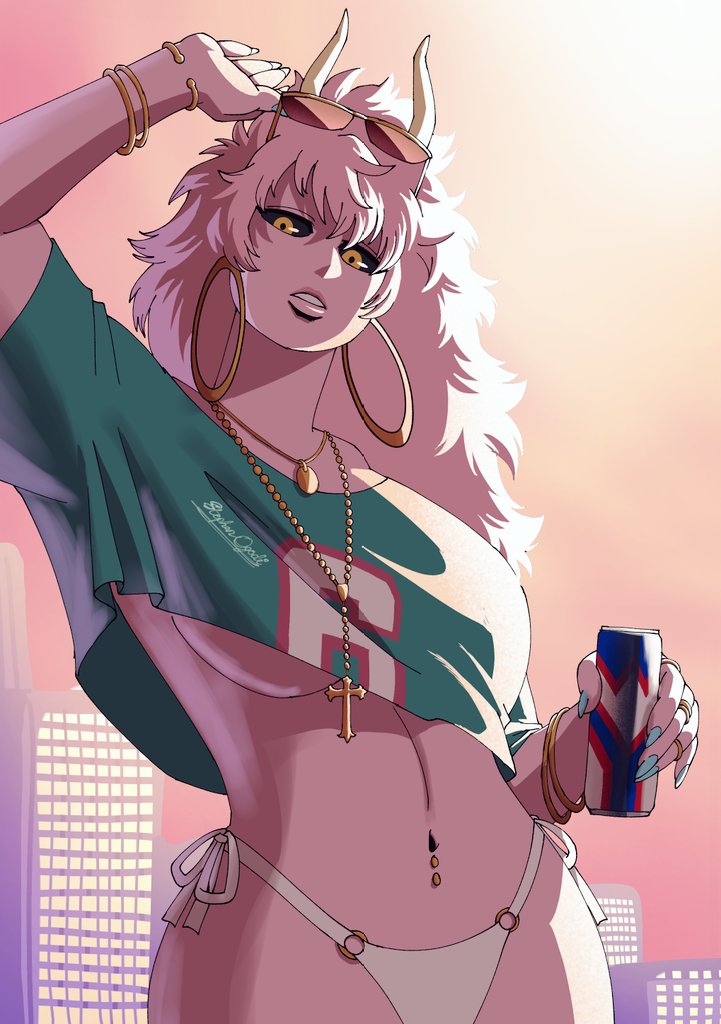 ashido_mina ashido_mina_time-skip belly_piercing big_breasts bikini_bottom black_sclera boku_no_hero_academia bracelets breasts earrings energy_drink football_jersey grand_theft_auto_vi horns looking_at_viewer mina_ashido mina_ashido_time-skip my_hero_academia my_hero_academia_(finale) necklace pink_hair pink_skin skyscraper stephen_ogodi sunglasses sunglasses_on_head under_boob vice_city_cover_girl yellow_eyes