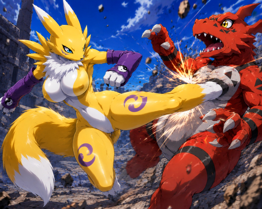 1boy 1girl ai-generated ai_assisted ai_generated anthro blue_eyes breasts digimon_tamers fanboyai fight fluffy_tail fox_girl furry furry_female furry_male guilmon kicking nipples red_skin renamon toei_animation voluptuous_female yellow_eyes yellow_skin