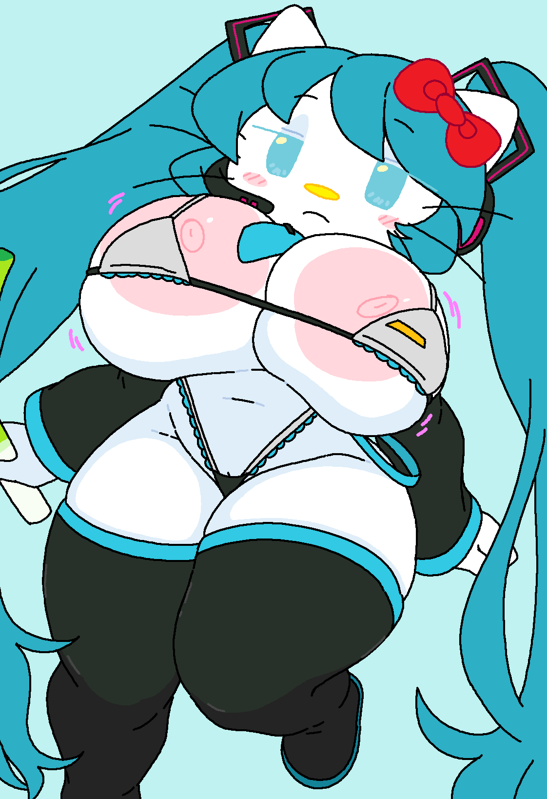1girl 1girl 1girls 2d_(artwork) 2d_artwork anthro aqua_eyes aqua_hair aqua_necktie areola areola_slip big_breasts bikini black_footwear black_sleeves blue_eyes blue_hair blush blush_stickers boots bow breasts cassettedream cat_girl clothing detached_sleeves digital_media_(artwork) dream-cassette felid feline felis food furrification furry furry_female hair_bow hair_ornament hatsune_miku_(cosplay) headset hello_kitty hello_kitty_(character) hello_kitty_(series) highleg holding_food holding_vegetable hoshime huge_breasts kitty_white large_areolae leek long_hair looking_at_viewer micro_bikini miku_hatsune neck_tie nipple_slip nipples number_tattoo panties red_bow sanrio sidelocks stockings thick_thighs thigh_high_boots thong twin_tails undersized_clothes vegetable very_long_hair vocaloid whiskers white_fur wide_hips