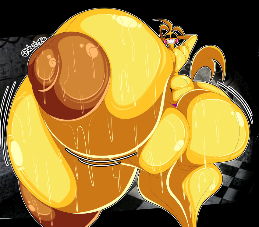 1girl 1girl absurd_res animatronic anthro areola avian big_areola big_breasts big_nipples bird black_sclera bodily_fluids breasts brown_areola brown_nipples chicken clothed clothing five_nights_at_freddy's five_nights_at_freddy's_2 galliform high_res huge_areola huge_breasts huge_hips huge_nipples huge_thighs hyper hyper_ass hyper_breasts hyper_butt hyper_thighs machine nipples non-mammal_breasts phasianid robot scottgames sharp_teeth smile sweat sweaty_breasts teeth thick_thighs thong topless toy_chica_(fnaf) underwear voctopie white_eyes wide_hips yellow_body