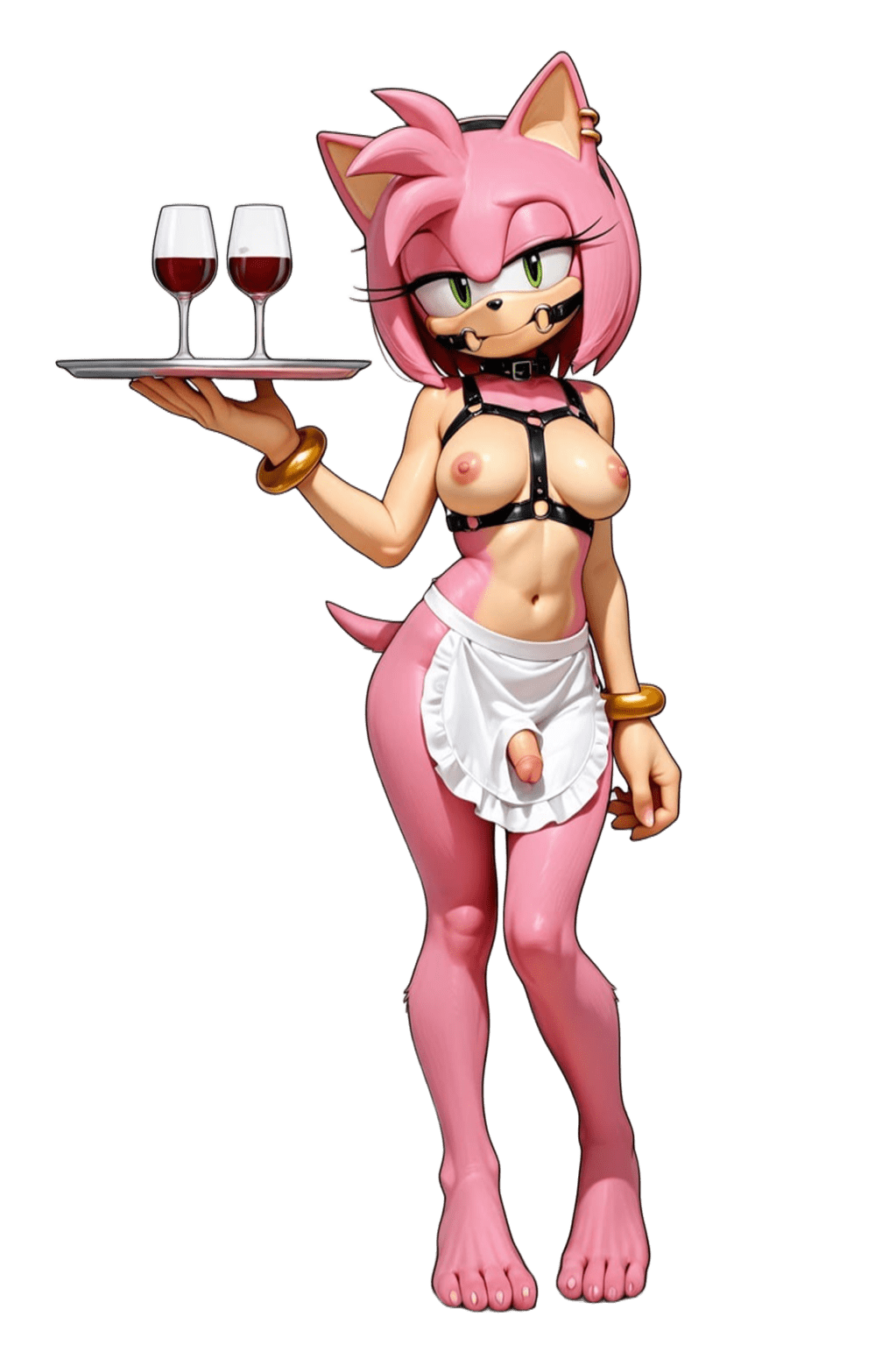 1girl ai-generated ai_assisted ai_generated alcohol amy_rose bracelet breasts feet female_focus furry furry_female futanari gagged green_eyes holding_tray looking_at_viewer navel nipples penis pink_fur sega simple_background sonic_the_hedgehog_(series) tail transparent_background tray waist_apron waitress waitress_uniform