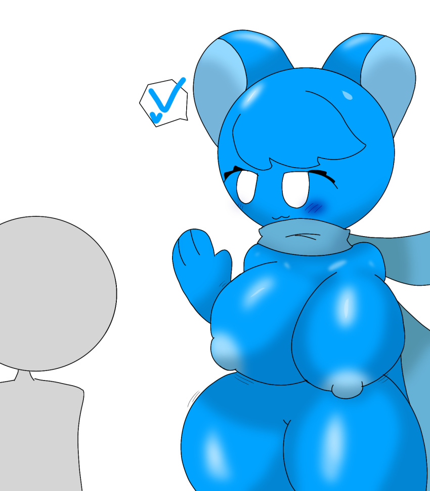 1girl big_breasts big_thighs blue_fur blush genderswap hair hand_up heart jay_(sprunki) male male/female mouse_ears mouse_girl nipples simple_background sprunki sprunki_oc white_background