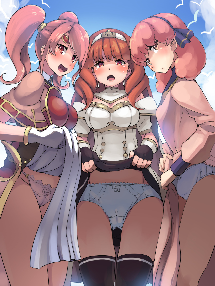 10s 2017 3_girls alluring armor black_gloves black_legwear blush boris_(noborhys) bow bow_panties breastplate brown_eyes cameltoe cape celica_(fire_emblem) chestnut_mouth circlet cleavage clothes_lift cloud d: d:< day dress dress_lift earrings fingerless_gloves fire_emblem fire_emblem_echoes:_shadows_of_valentia fire_emblem_gaiden from_below genny_(fire_emblem) gloves hair_ornament hair_ribbon hairband high_res intelligent_systems jewelry lifting_own_clothes long_hair long_sleeves looking_at_viewer mae_(fire_emblem) medium_breasts multiple_girls nintendo open_mouth outside panties pelvic_curtain pink_dress pink_hair pink_panties red_eyes red_hair ribbon short_hair short_sleeves sidelocks skirt skirt_lift sky smile standing stockings strapless striped_legwear sweat take_your_pick thighs tiara twin_tails underwear v-shaped_eyebrows white_dress white_gloves white_panties yellow_eyes