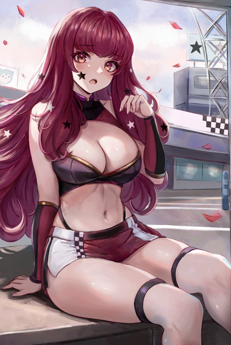 1girl 1girl alluring bare_arms bare_shoulders big_breasts cleavage crop_top facial_mark feet_out_of_frame fire_emblem fire_emblem_engage intelligent_systems leonmandala long_hair looking_at_viewer midriff miniskirt navel nintendo open_mouth pencil_skirt purple_hair race_queen shirt sitting skirt sleeveless sleeveless_shirt star_(symbol) stockings stomach thighs very_long_hair white_thighhighs yunaka_(fire_emblem)