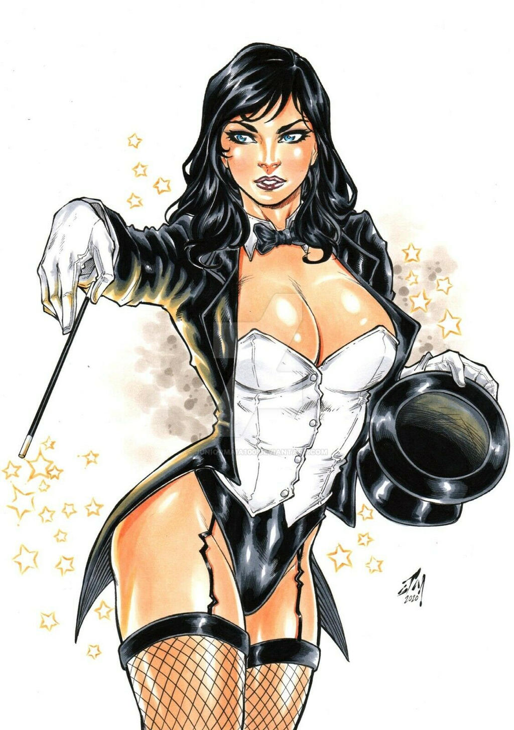 1girl big_breasts black_bow black_bowtie black_hair black_hat black_headwear black_jacket blue_eyes bow bowtie breasts cleavage corset dc_comics dcau detached_collar female_only female_solo fishnet_legwear fishnet_stockings fishnet_thighhighs fishnets garter_straps gloves grin hand_up hat hat_removed headwear heroine holding holding_hat holding_object holding_wand jacket juniormaia100 juniormaia100_(artist) justice_league justice_league_unlimited legs legs_together legwear lips lipstick long_hair long_sleeves looking_at_viewer magic magic_wand magician makeup naughty_face neck open_clothes open_jacket outstretched_arm parted_lips purple_lipstick smile standing star star_(symbol) stockings straight_hair strapless superhero_costume superheroine thighs top_hat wand white_corset white_gloves zatanna zatanna_zatara