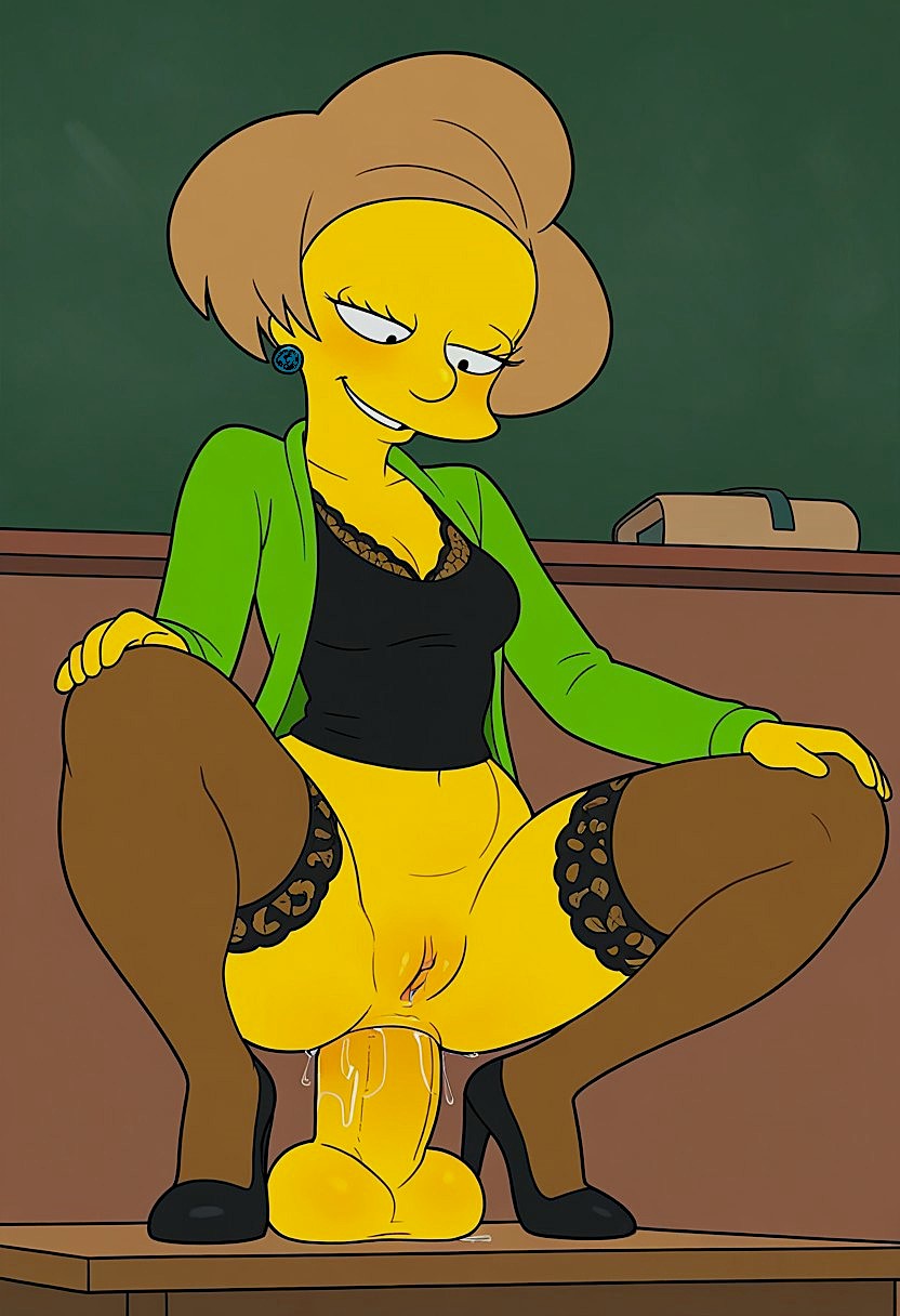 anus dildo_in_ass dildo_sitting edna_krabappel huge_dildo no_panties shaved_pussy stockings the_simpsons thighs