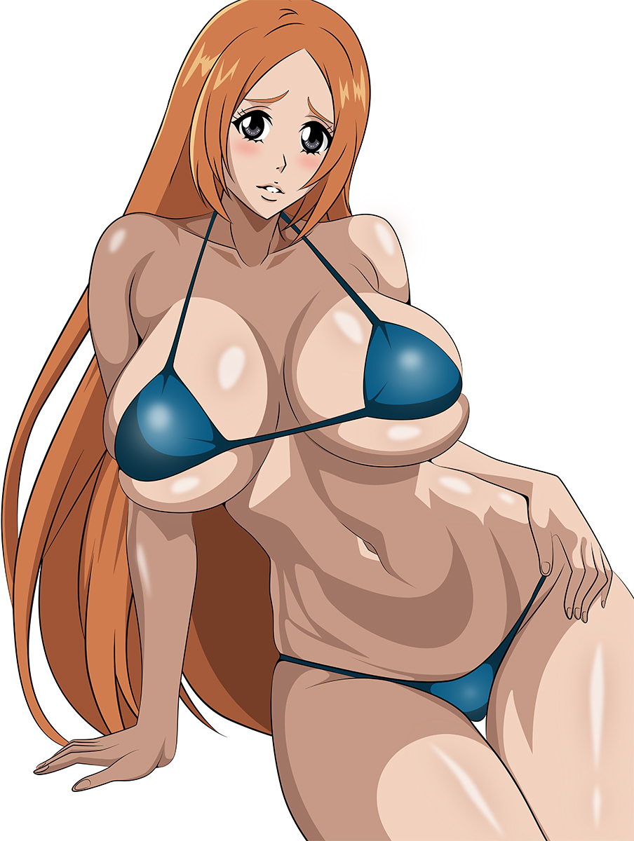 1girl alluring bare_legs big_breasts bikini bleach grey_eyes inoue_orihime long_hair orange_hair pin_up under_boob yxyyxy