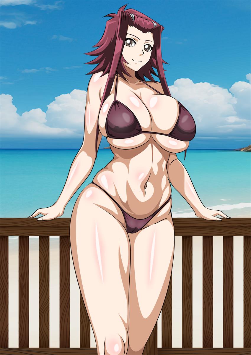 1girl akiza_izinski alluring bare_legs big_breasts bikini cleavage hazel_eyes izayoi_aki magenta_hair outside pin_up posing yu-gi-oh! yxyyxy