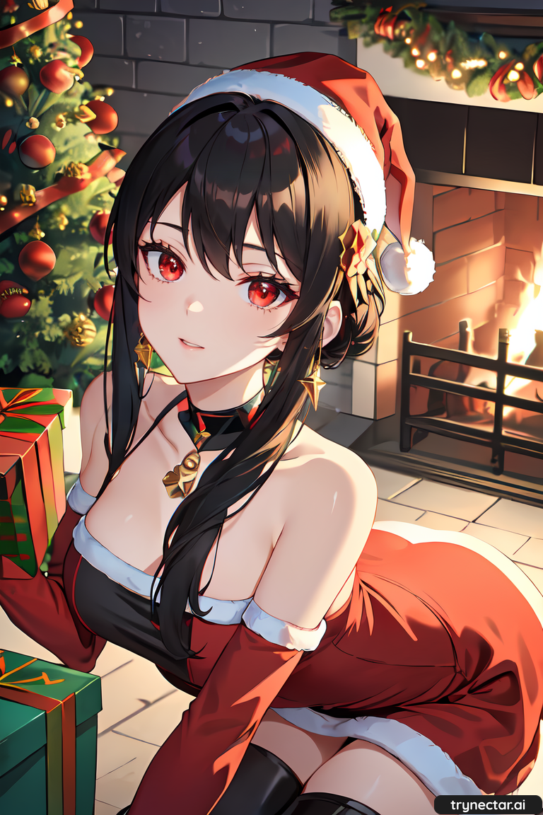 1girl ai_generated breasts christmas christmas_outfit christmas_tree female_only fireplace gift_box hentai spy_x_family trynectar.ai waifu2x yor_forger