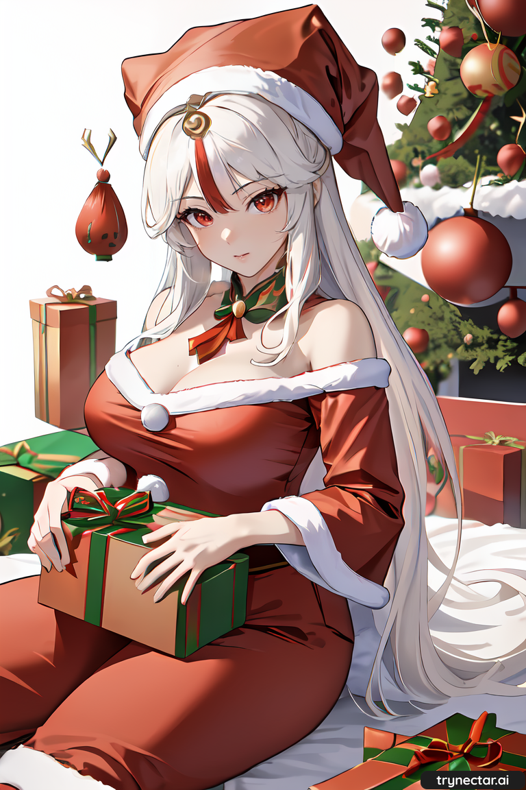 1girl ai_generated breasts christmas christmas_outfit christmas_tree female_only genshin_impact gift_box hentai ningguang_(genshin_impact) trynectar.ai waifu2x