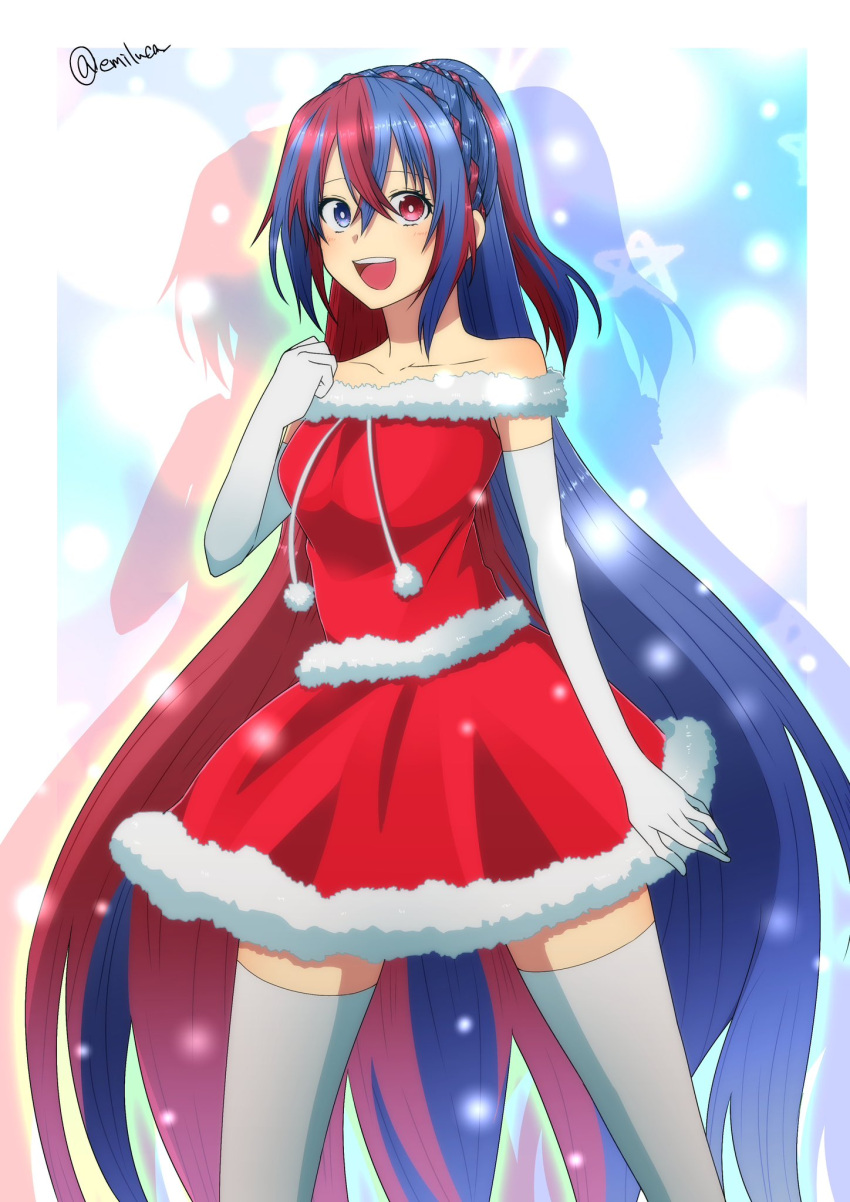 1girl 1girl alear_(female)_(fire_emblem) alear_(fire_emblem) alluring alternate_hairstyle bare_shoulders blue_hair braid christmas crossed_bangs crown_braid dress emiluca fire_emblem fire_emblem_engage heterochromia high_ponytail high_res long_hair looking_at_viewer multicolored_hair nintendo red_hair santa_dress split-color_hair two-tone_hair very_long_hair