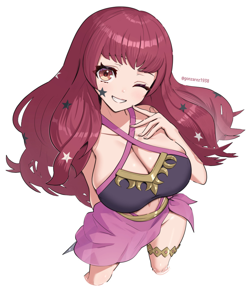 1girl 1girl 1girl alluring alternate_costume big_breasts bikini black_bikini black_swimsuit breasts cleavage commentary_request female_only fingernails fire_emblem fire_emblem_engage gonzarez grin hair_ornament hand_up high_res holding holding_weapon kunai light-skinned_female light_skin long_hair looking_at_viewer looking_up navel nintendo official_alternate_costume one_eye_closed red_eyes red_hair sarong simple_background smile star_(symbol) star_hair_ornament swimsuit teeth twitter_username weapon white_background wink yunaka_(fire_emblem)